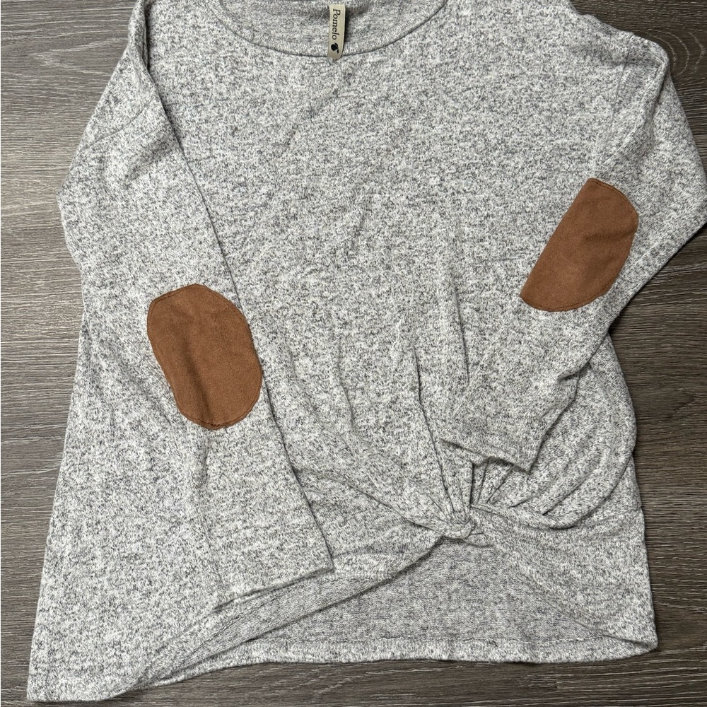 Gray Long Sleeve Top with Brown Elbow Patches